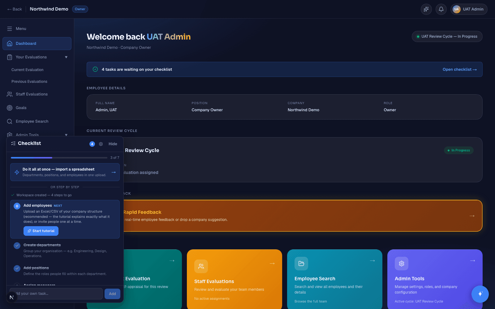 Performance Intelligence floating setup checklist showing guided steps and progress