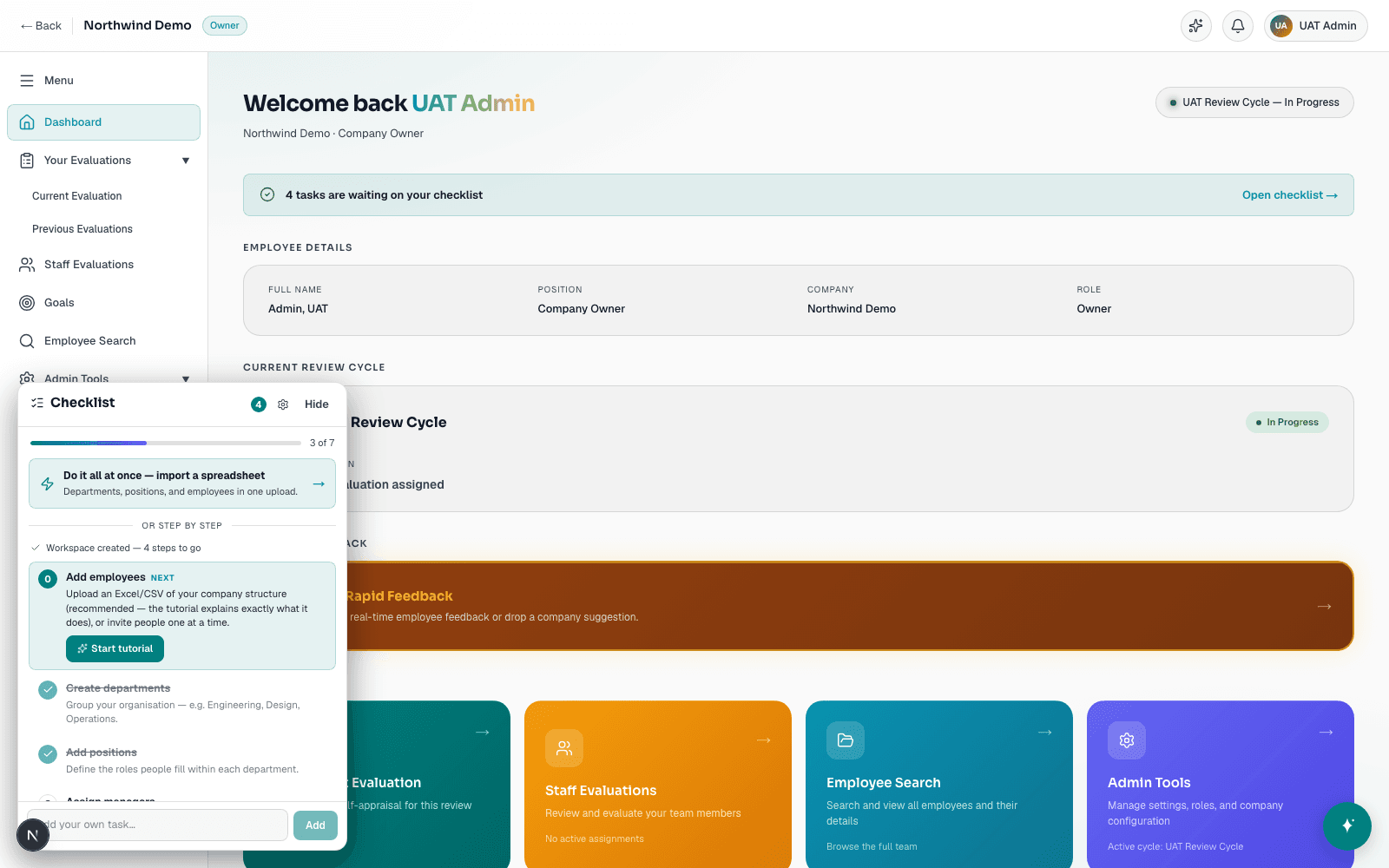 Performance Intelligence floating setup checklist showing guided steps and progress