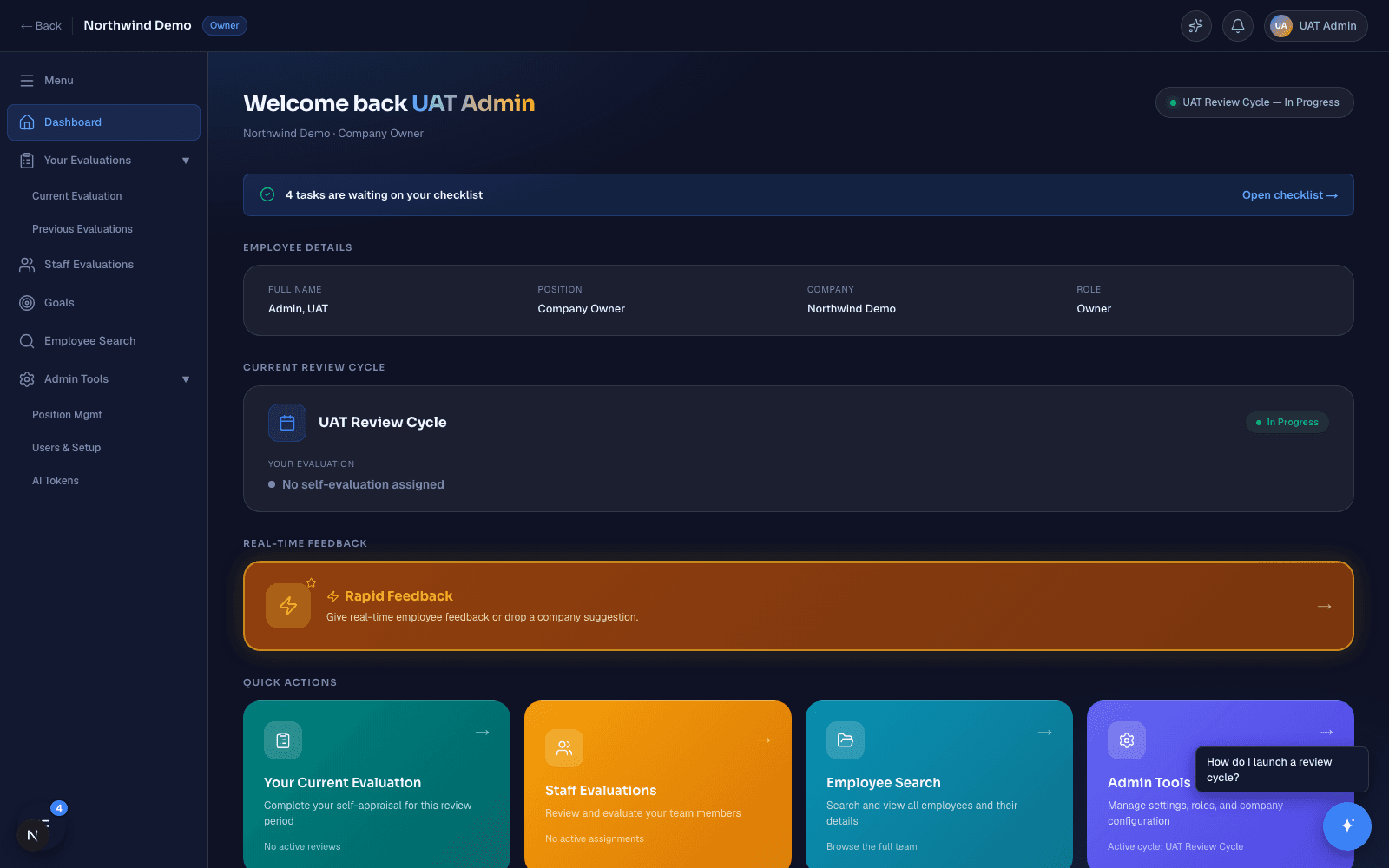 Performance Intelligence company dashboard showing team OVR scores and department overview