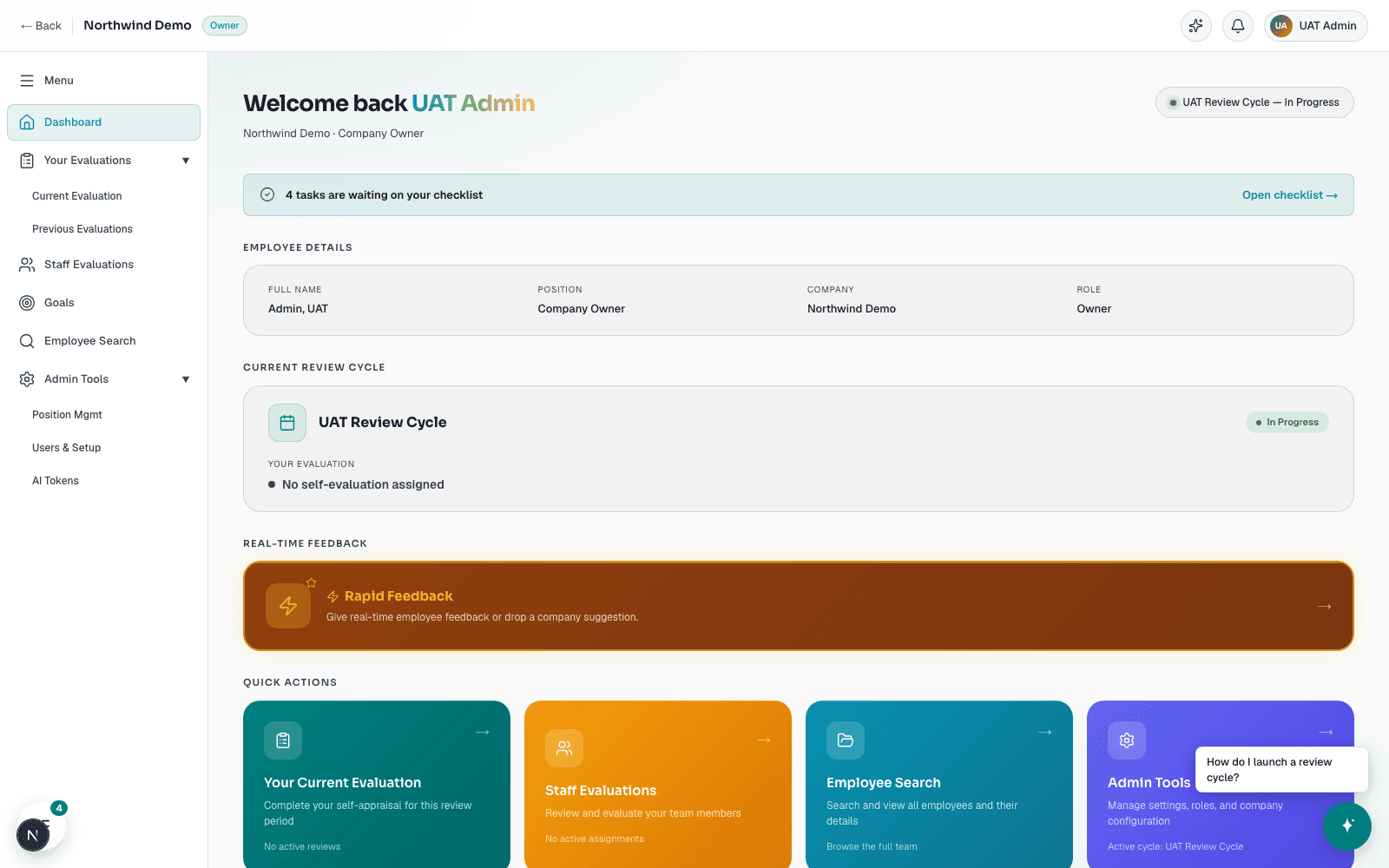 Performance Intelligence company dashboard showing team OVR scores and department overview